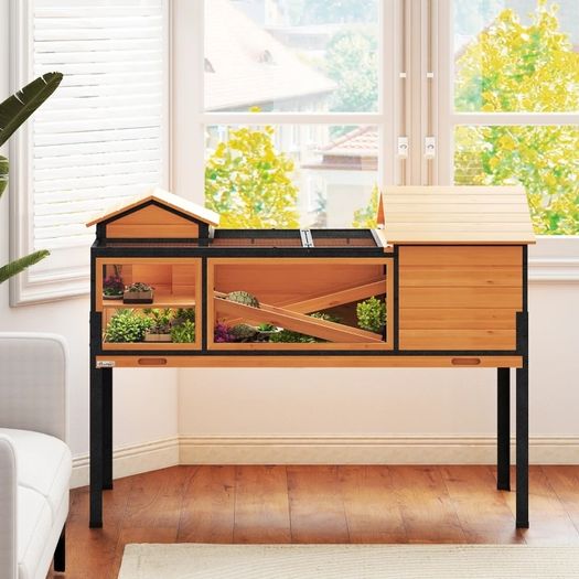 Turtle house, small pet enclosure, 2 rooms, 2 floors, windows, ramps, accessories, wood, steel, yellow