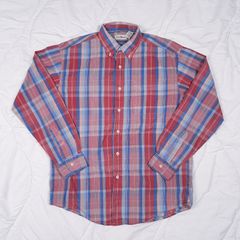L.L. Bean Red Blue Pink Plaid Check Flannel Shirt Regular Fit Size M