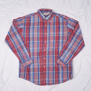 L.L. Bean Red Blue Pink Plaid Check Flannel Shirt Regular Fit Size M