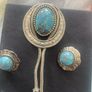 Vintage Southwestern bolo tie set with matching turquoise-style earrings. Silver-tone metal, Western/boho style, good vintage condition. Image 3
