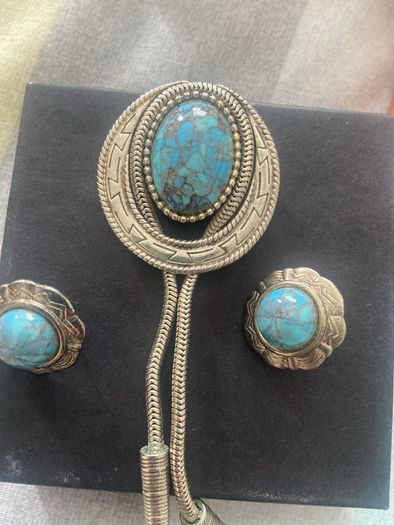 Vintage Southwestern bolo tie set with matching turquoise-style earrings. Silver-tone metal, Western/boho style, good vintage condition.