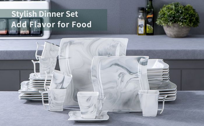 Stylish Modern Porcelain China Square 55 Piece Dinner Set, Marble Grey, Dinnerware, Dinner Party Set. Plates, Cups Mugs Bowls Egg Cups