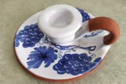 Signed Portuguese Blue &amp; White Ceramic Chamberstick Candlestick Hand Painted Blue and White Decor