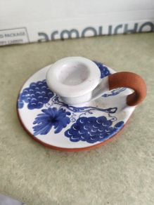 Signed Portuguese Blue & White Ceramic Chamberstick Candlestick Hand Painted Blue and White Decor
