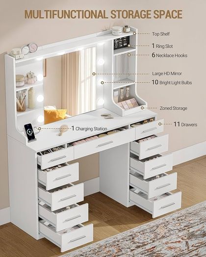 Large Dressing Table with Adjustable Led Light, Dressing Table with Mirror, Vanity with Sockets, 11 Drawers and 6 Jewelry Hooks, Includes Ring Storage, Suitable for Bedroom, White