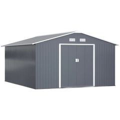13 x 11ft Garden Metal Storage Shed, Outdoor Storage Tool House with Ventilation Slots, Floor Foundation and Lockable Double Doors, Grey
