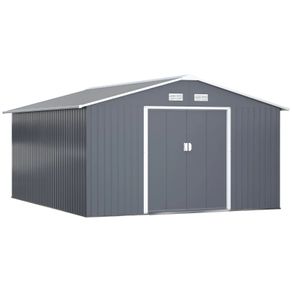 13 x 11ft Garden Metal Storage Shed, Outdoor Storage Tool House with Ventilation Slots, Floor Foundation and Lockable Double Doors, Grey