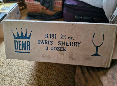 Box of brand new 1950s sherry glass, 36 in total.