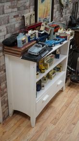 Vintage White Painted Low Bookcase Cabinet with Drawer