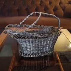 French wine bottle holder traditional table server 1950's. Woven wire basket.