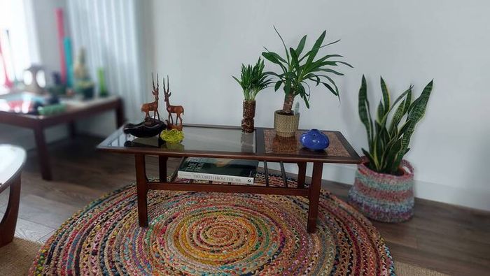 Stunning and Unique/Rare Mid Century Modern Wooden Coffee Table with Smoked Glass and Acid-Etched Copper Inlay and Slatted Magazine Shelf