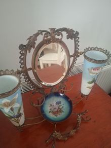 French vanity piece with opaline hand painted vases