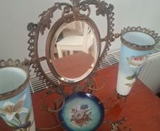 French vanity piece with opaline hand painted vases