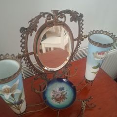 French vanity piece with opaline hand painted vases