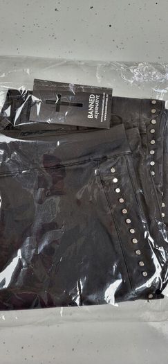 BANNED APPAREL Alternative Black Waxed Jeggings with Silver Studded Seams - Sz L (Fit 14-16UK) - Bnwt Rrp 89