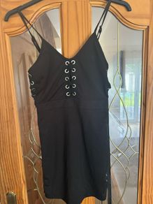 BNWT Pretty Little Thing Black strappy eyelet lace up detail bodycon dress size UK4 EU32 Postage included