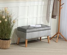Upholstered bench with storage, velvet-look fabric, wooden legs