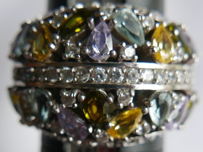 925 Silver Ring Pear Tourmaline Sapphire Natural Gemstone Jewelry Size P - 11,40g