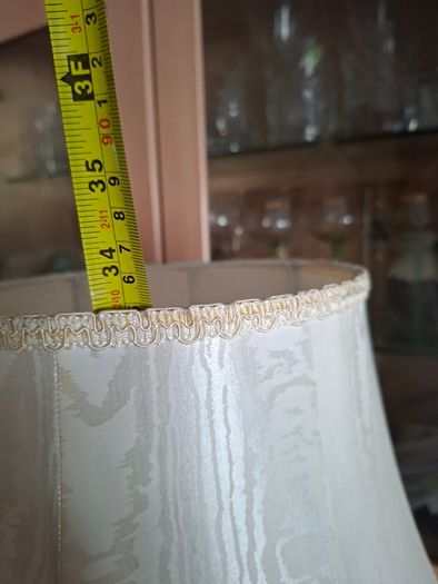 A Beautiful Large Heavy Victorian-style Brass Table Lamp with Brass Baluster Stem and Faceted, Paneled Knop, raised on a Stepped Hexagonal Base; fitted with a tall, cream textile shade with scalloped fringe and tassel trim, Postage Available or collection