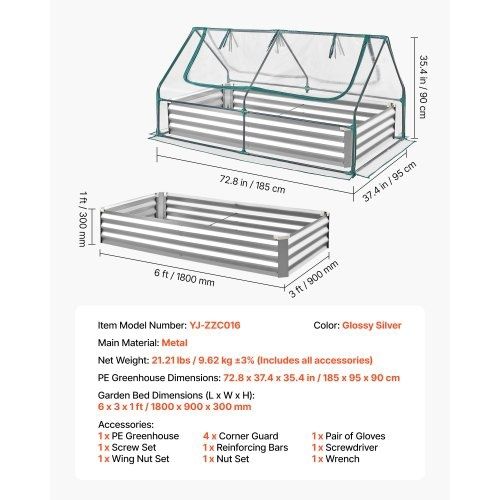 Raised Garden Bed with Cover, 1800 x 900 x 300 mm, Rectangular Galvanized Metal Planter Box Outdoor, with PE Greenhouse Cover & Gloves, Rustproof Alu-Zinc, for Growing Flowers Vegetables, Silver