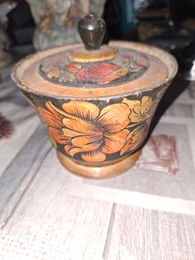 Vintage Russian Khokhloma Lidded Wooden Jar Hand Painted Lacquer Folk Art Trinket Box,