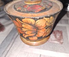 Vintage Russian Khokhloma Lidded Wooden Jar Hand Painted Lacquer Folk Art Trinket Box,
