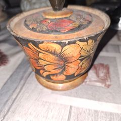 Vintage Russian Khokhloma Lidded Wooden Jar Hand Painted Lacquer Folk Art Trinket Box,