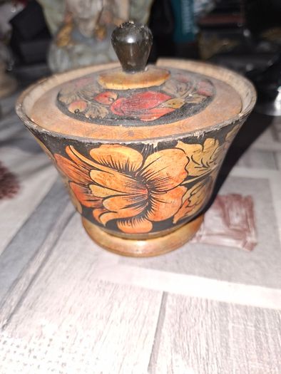 Vintage Russian Khokhloma Lidded Wooden Jar Hand Painted Lacquer Folk Art Trinket Box,
