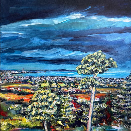 Dublin City & Bay view II, original painting by artist Helen Mathews