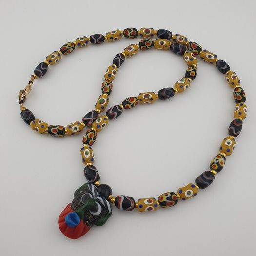 Vintage Venetian style Eyes Glass & Old Face Pendant Glass Beads Necklace