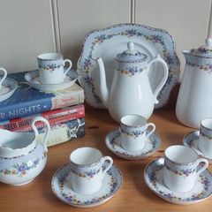 Fabulous Plant Tuscan Bone China 16 Piece Demi Tasse Coffee Can Set Including Coffee Pot & Matching Hot Water Pot, Circa 1936-47