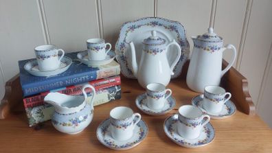 Fabulous Plant Tuscan Bone China 16 Piece Demi Tasse Coffee Can Set Including Coffee Pot & Matching Hot Water Pot, Circa 1936-47