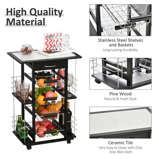 4-Tier Kitchen Trolley Cart on Rolling Wheels with 4 Removable Baskets, 4 Side Rack Organizer,Ceramics Tile Top