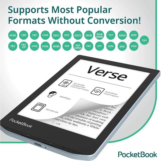 New- PocketBook Verse 6" Touchscreen EReader Tablet - Mist Grey