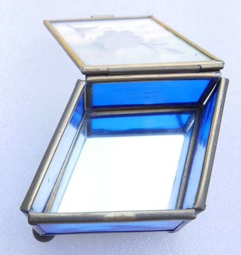 Vintage blue and clear etched flowers Brass trinket box , glass jewelry box