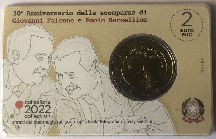 Italy 2 Euro Commemorative Coin 2022 - FALCONE AND BORSELLINO BU. Coincard.