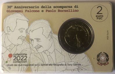 Italy 2 Euro Commemorative Coin 2022 - FALCONE AND BORSELLINO BU. Coincard.