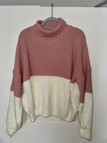 'In the Style' Women's Pink and Cream Block Polo Neck Knit Jumper - Size 8