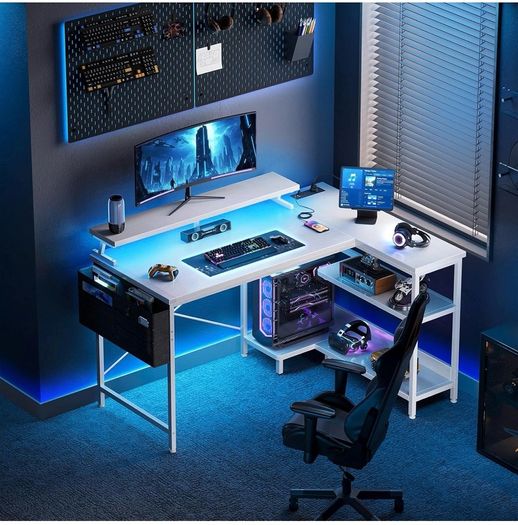 L Shaped Gaming Desk with LED Lights, 100 x 70 cm Computer Desk with Power Outlet