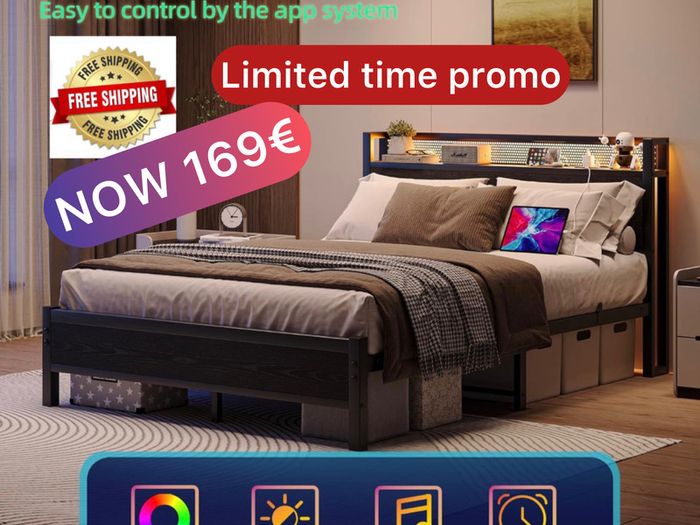 King Size Bed Frame with Storage,LED Lights,5ft Metal Bed Frame Kingsize Bed Frame with Charging Station,Mattress Foundation,Strong Steel Slats Support,Noise Free,Black