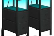 Slim Bedside Table Set of 2 with Charging Station, Narrow Side Table with LED Lights, Small Sofa Table with 2 Fabric Drawers, Nightstand for Small Spaces, Living Room, Black