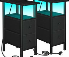 Slim Bedside Table Set of 2 with Charging Station, Narrow Side Table with LED Lights, Small Sofa Table with 2 Fabric Drawers, Nightstand for Small Spaces, Living Room, Black