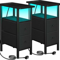 Slim Bedside Table Set of 2 with Charging Station, Narrow Side Table with LED Lights, Small Sofa Table with 2 Fabric Drawers, Nightstand for Small Spaces, Living Room, Black