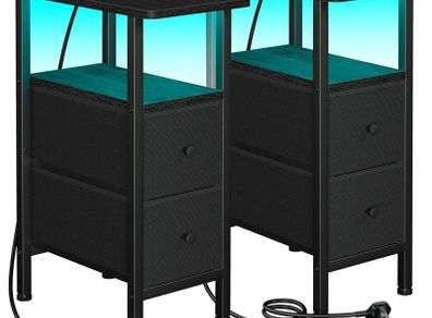 Slim Bedside Table Set of 2 with Charging Station, Narrow Side Table with LED Lights, Small Sofa Table with 2 Fabric Drawers, Nightstand for Small Spaces, Living Room, Black