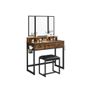 Dressing table with 3-piece folding mirror and stool dressing table, dressing table with 3-piece folding mirror, hairdryer holder, cosmetic table with upholstered stool, 3 drawers, industrial design, vintage brown-black Image 2