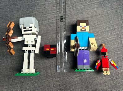 lego 21150 Minecraft Skeleton BigFig and 21148 Steve BigFig with parrot