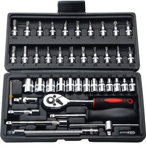 46 Piece Socket Set Metric Tool Kit 1/4'' Wrench Handle, Tool Kits for Home Car Repair Kit with Extension Bars, Quick Release Reversible Ratchet Socket Wrench Set for Car Motorcycle (FREE POSTAGE)