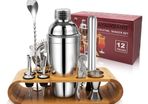 12 Piece Cocktail Mixer Set with Wooden Stand, Measuring Cup and Bar Spoon, 750 ml Shaker Cocktail Gift Set for Home or Bar