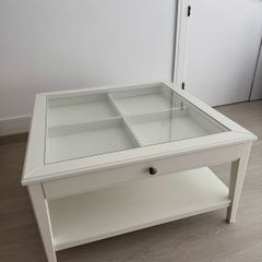 Modern White Coffee Table with Glass Top & Storage Drawer