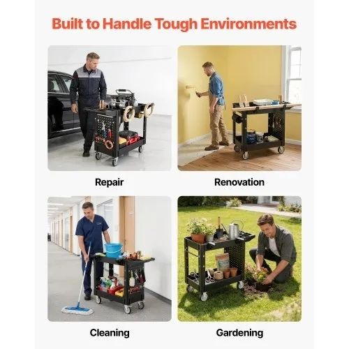 Utility Cart, 250 kg Capacity, 2 Tier Service Cart with 360 Swivel & Fixed Wheels (2 with Brakes), Heavy Duty Plastic Rolling with Tray and Pegboard, Tool Storage for Garage Warehouse Workshop